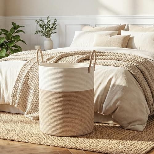 OIAHOMY Large Laundry Basket Hamper - 60L Cotton Rope Woven Basket for Blankets, Toys, Clothes - Tall Decorative Nursery Hamper with Long Handles, Brown/White — view 5