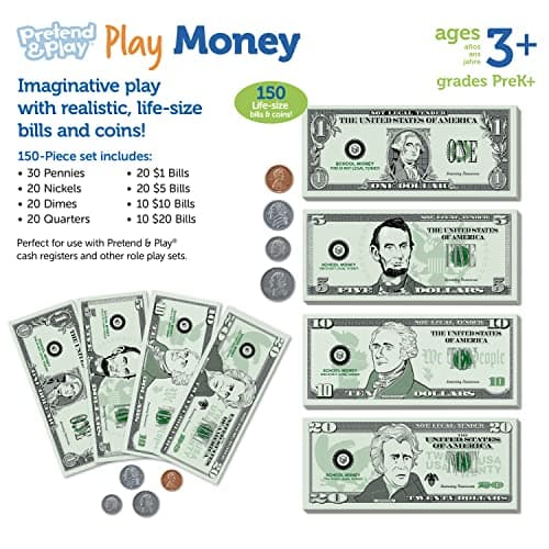 Learning Resources Pretend & Play Money - Kids Cash Register, Dollars, Pretend Classroom Play Sets for Kids, Toy Currency, Toy Dollar Bills — view 5
