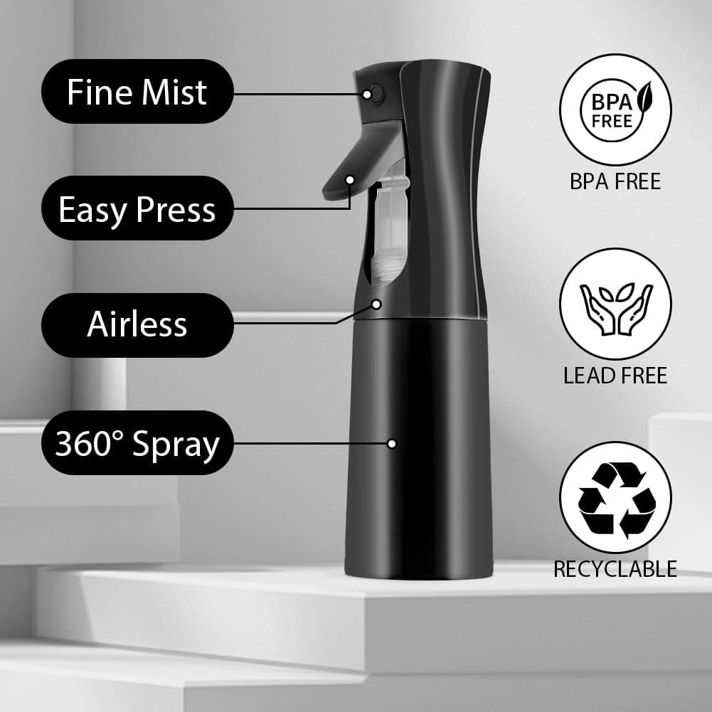 URAQT Botella Pulverizador Agua Peluqueria, 200ml Fina Niebla, Spray Continuo para el Cabello, sin BPA, uso 360°, Botella Pulverizadora, Frascos Vacio Recargable para Peinado, Planta, Limpieza, negro — view 4