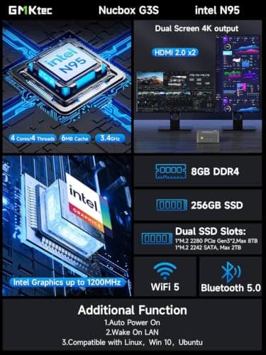 GMKtec G3S Mini PC Intel N95 Processor (Up to 3.4GHz) 8GB RAM 256GB M.2 SSD