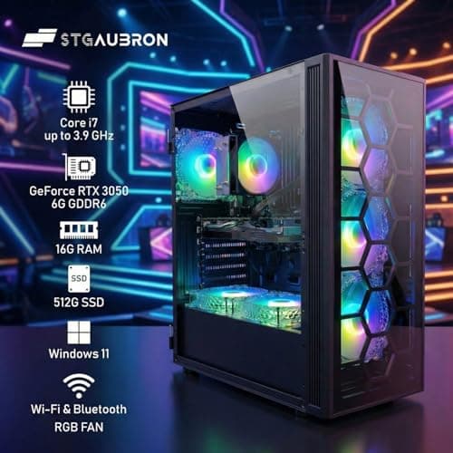 STGAubron Gaming PC Desktop Computer, Intel Core i7 up to 3.9 GHz, GeForce RTX 3050 6G, 16GB RAM, 512G SSD, WiFi 6, BT 5.0, RGB Fan x 6, Windows 11 Home