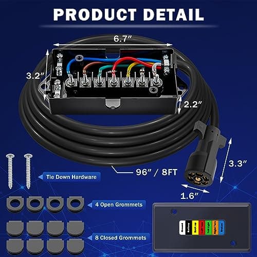 CheeMuii 7 Way Trailer Wiring Harness Kit 8 FT Trailer Cord with 7 Pin Trailer Plug and Junction Box Kit Premium Light and Brake Wiring Wires for Trailer RV — view 5