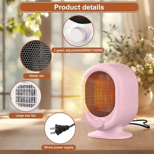 Mini Space Heater,1500W Small Desk Heater,2 Gears Adjustable,PTC Ceramic Heating,Tip-over & Overheat Protection,Fast Heating and Super Quiet Pink