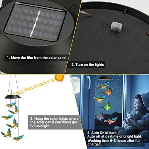 Toodour Solar Wind Chimes, Color Changing Solar Butterfly Wind Chimes, LED Decorative Mobile, Waterproof Solar Outdoor Lights for Patio, Balcony, Window, Garden, for Mom/Grandma — view 2