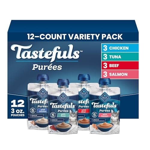 Blue Buffalo Tastefuls Purées Variety Pack Wet Cat Food Complement (Salmon, Chicken, Tuna, Beef) Made with Natural Ingredients, for All Life Stages, 3-oz. Resealable Pouches (12 Count)