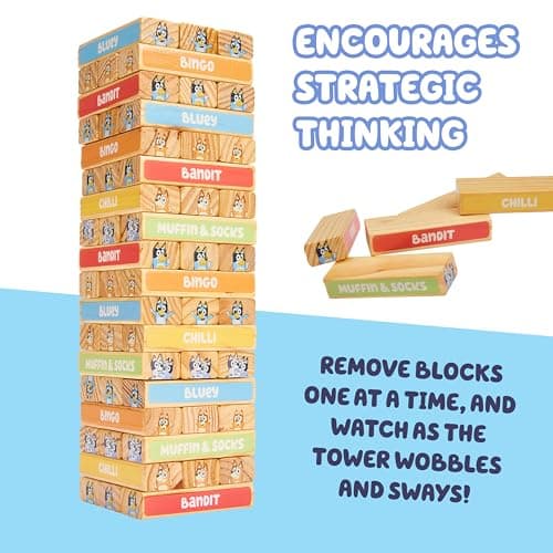 Bluey 8th Wonder Stackable Tumbling Tower Game, Robust Wooden Stacking Game with 54 Illustrated Colored Blocks, Fun Balancing Toy for Kids Ages 3+ — view 5