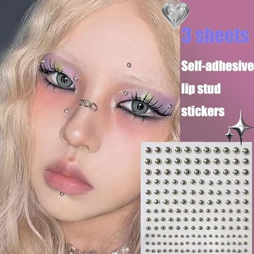NOOEPC Face Gems Lip Stud, Fake Piercings y2k Accessories Nose Stud Eyebrow Stud, Non Piercing Nose Stick on Silver Belly Button Sticker, Face Sticker Ring Cool Punk Y2K Makeup for Women Men — view 2