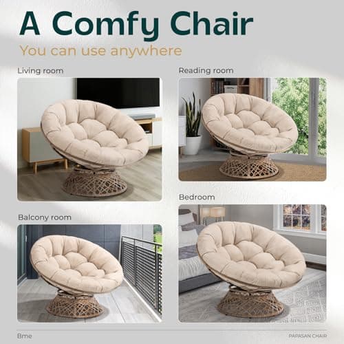 Bme Metal Oversized Swivel Papasan Chair, Living Room Chair with Beige Cushion, Brown Frame, 360° Swivel, Skillfully Woven Resin Wicker, 46 Inch Wide, Bee-Designed Base, Modern Style, Indoor Use — view 5