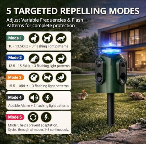 Solar Powered Ultrasonic Animal Repellent Outdoor, 360° PIR Motion Sensor Deterrent with Flashing Light, IP65 Waterproof, Repels Deer, Raccoon, Squirrel, Rabbit, Skunk for Yard, Garden, Orchard, 18kHz — view 3