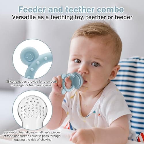 4 Pack Silicone Teething Mitten for Babies with Baby Fruit Food Feeder & Freezer Tray Set, BPA Free Infant Teething Relief Toy for 3 Month+, Additional Silicone Sacs — view 3