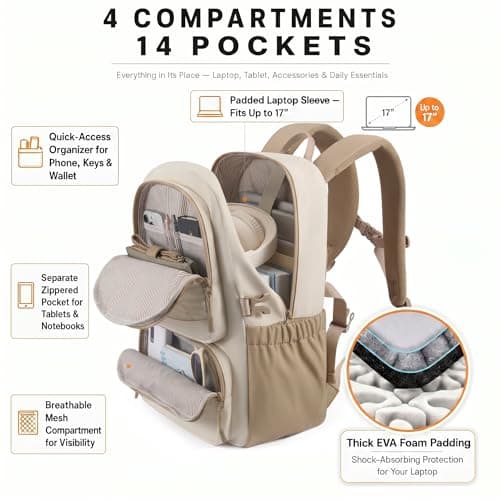 LOVEVOOK College Laptop Backpack, 15.6" Padded Daypack Trolley Sleeve, 14 Pockets, Waterproof Work Bag for Nurse Teacher Office Daily Commute with Accessory Pouch — view 2