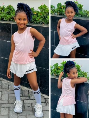 Rolanko Girls Tennis Skirt Set, UPF 50+ Tank Top & Pleated Skort with Built-in Shorts and Pocket Kids 2 Piece Outfit (PinkWhite, 5-6 Years)