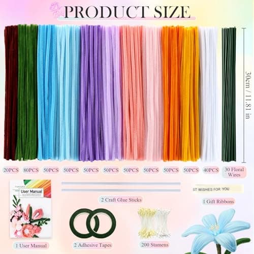 Pipe Cleaner Flower Kit, 540Pcs Pipe Cleaners Craft with 15 Designs Guiding Book, Flower Making Kit with Chenille Stems & Floral Wires, DIY Bouquets and Party Decorations (Multicolor, 12in x 7mm) — view 5