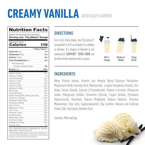 Isopure Zero Carb 100% Pure Whey Isolate Protein Powder, Lactose Free, Gluten Free, with Vitamins, Creamy Vanilla, 25g Protein Per Serving, 1 Lb, 15 Servings (Packaging May Vary) — view 7