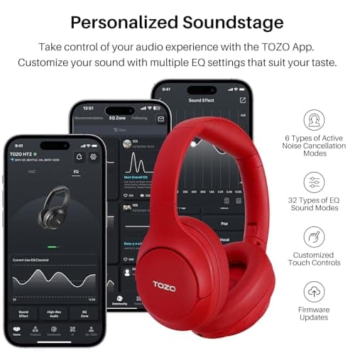 TOZO HT2 Hybrid Active Noise Cancelling Headphones, Wireless Over Ear Bluetooth Headset, 60H Playtime, Hi-Res Audio Custom EQ via App Deep Bass Comfort Fit Ear Cups, for Home Office Travel — view 5