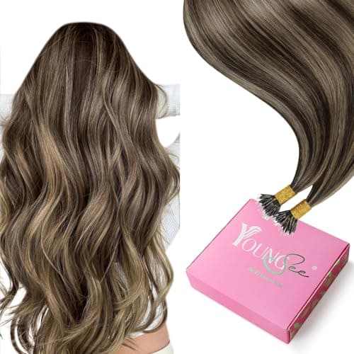 YoungSee Nano Link Hair Extensions Human Hair Dark Brown Highlights Caramel Blonde Nano Ring Human Hair Extensions Cold Fusion Hair Extension Nanobead 16in Invisible Nanoloop Extension 50 Strands 50g