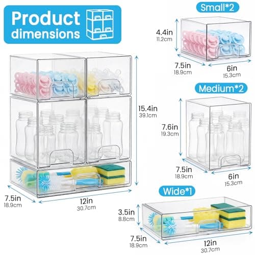 Clear Stackable Storage Drawers Organizer, Acrylic Drawer Cabinet Organizer Set for Beauty Supplies Baby bottle, Plastic Storage Drawer Bins for Vanity, Bathroom, Pantry, 5 Pack — view 2