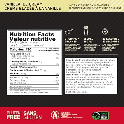Optimum Nutrition Gold Standard 100% Whey Protein Powder, 670g - Vanilla Ice Cream - 22 servings (packaging may vary) — view 5