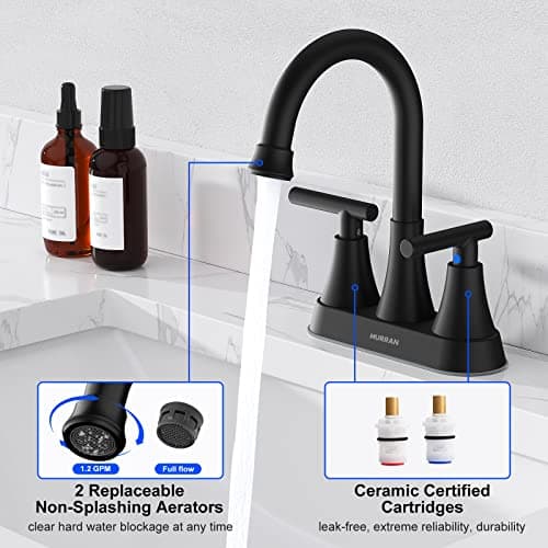 Bathroom Faucets for Sink 3 Hole, Hurran 4 inch Matte Black Bathroom Sink Faucet with Pop-up Drain and 2 Supply Hoses, Stainless Steel Lead-Free 2-Handle Centerset Faucet for Bathroom Sink Vanity RV — view 3