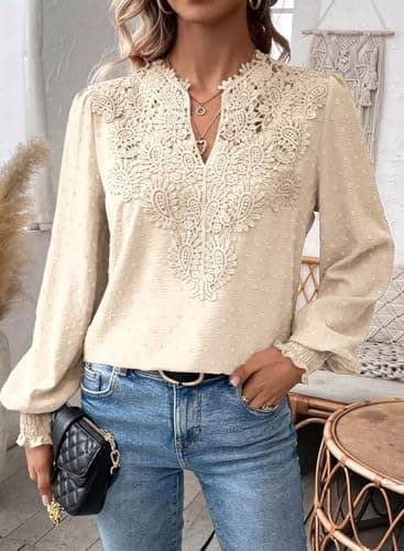 Falechay Womens Winter Tops V Neck Fashion Flower Trendy Tops for Women Apricot Dressy Casual Swiss Dot Clothes XS — view 3