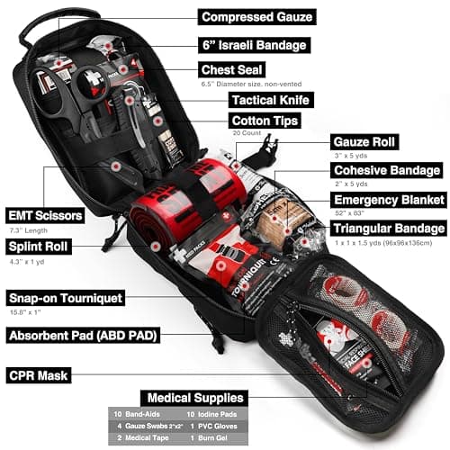 Survival First Aid Kit with Israeli Bandage, Chest Seal, Tourniquet, Splint, Tactical Military Combat Molle IFAK for Wound Care, Bleeding Control, Trauma Hemorrhage and More (Black) — view 2