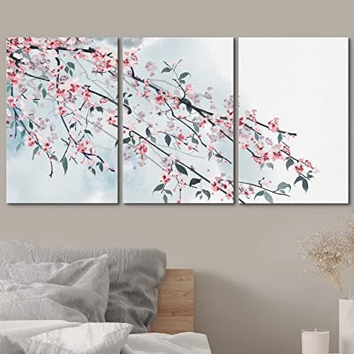 wall26 - 3 Panel Canvas Wall Art - Ink Painting Style Pink Cherry Blossom on The Branch - Giclee Print Gallery Wrap Modern Home Art Ready to Hang - 16"x24" x 3 Panels — view 2