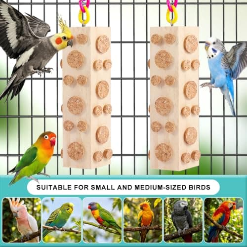 Bird Foraging Toy Parakeet Toys for Budgie, Conure, Cockatiel, Lovebird, and Small to Medium Parrots, 2 Pack Hanging Parrot Toy with 92 Detachable Corks, Natural Wood — view 3