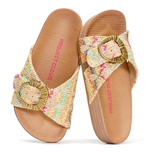 Project Cloud Girls Sandals - Adjustable Buckle Girls Slides with Plush and Soft Insole Kids Sandals - Non-Slip and Lightweight Slides for Kids (Beaming Kids) (GOLDMULTI, 2)