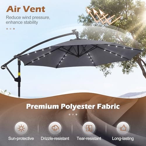 Tangkula 10ft Solar Patio Umbrella with Base Included, Offset Cantilever Outdoor Umbrella with 32 LED Lights, 360 Degree Rotation, Crank Handle for Pool Deck Garden Backyard (Gray) — view 4