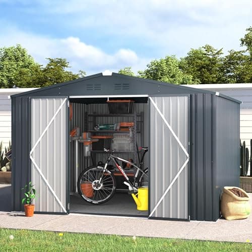 U-MAX Shed 10'x10' Storage Sheds, Large Metal Storage Sheds & Outdoor Clearance, Steel Backyard Shed with Lockable Doors, Utility and Tool Storage for Garden, Patio in Dark Grey