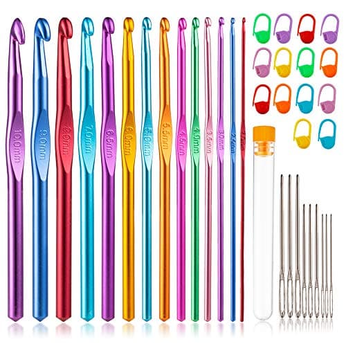 Vodiye 14 Sizes Crochet Hooks Set 2.0–10.0mm, Colorful Metal Crochet Needles, Ergonomic for Comfortable Crocheting