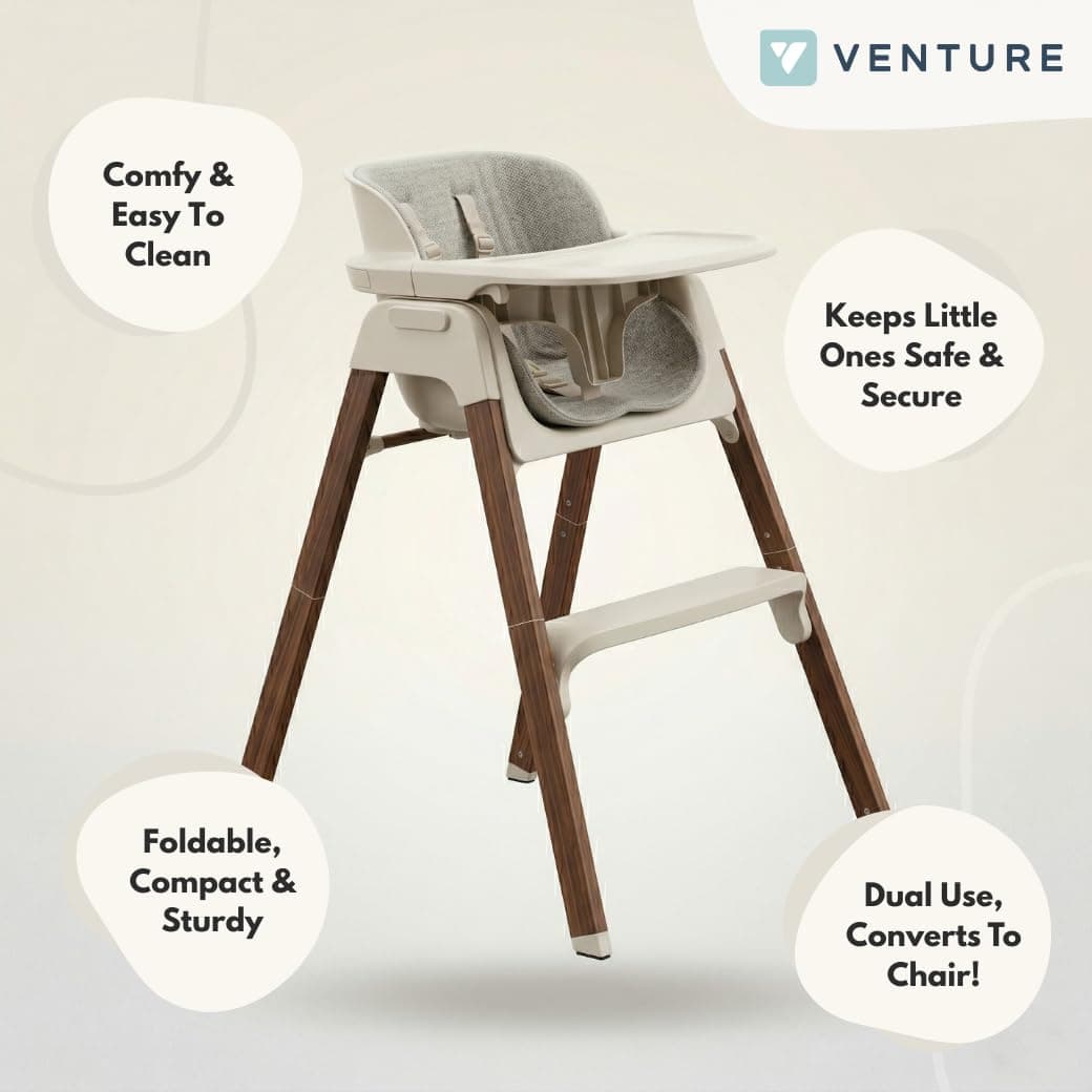 Venture Neyo 2-in-1 Foldable High Chair for Baby and Toddler, Convertible Baby Highchair with Wood Effect Legs, Removable Tray & Cushion, 5 Point Harness, Compact Folding (Beige) — view 3