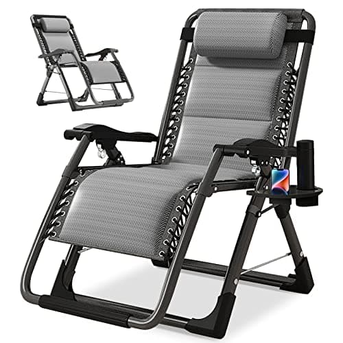 NAIZEA Padded Zero Gravity Chair, Cooling Fabric Folding Outdoor Lounge Chairs, Adjustable Reclining Camping Chairs with Cup Holder, Ergonomic Patio Lawn Chair for Balcony Beach Deck Yard