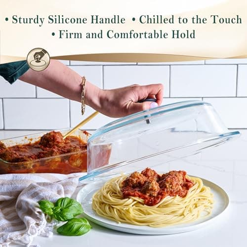 Le’raze Tall Glass Microwave Splatter Cover for Food - Cookware & Bakeware Serving Dish Cover, Plate Guard Lid with Easy Grip Silicone Handle Knob - 100% Food Grade BPA Free & Dishwasher Safe - 10in — view 6