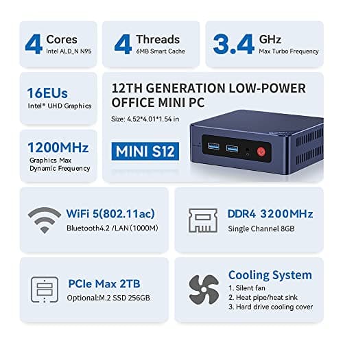 Beelink Mini PC, Mini S12 Intel 12th Gen 4-Core N95(up to 3.4GHz), Mini Computer 8GB DDR4 RAM 480GB SSD, Desktop PC Dual HDMI 4K UHD/Gigabit Ethernet/Dual WiFi5/BT4.2/HTPC/W11 Home — view 2