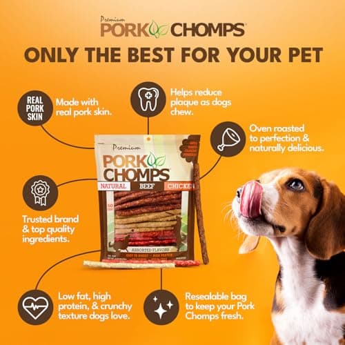Pork Chomps Dog Chews, 5 Inch Munchy Sticks, 50 Count - Assorted Flavors: Roasted Pork, Chicken, & Bacon - Long-Lasting Treats for Dogs - High Protein, Low Fat, Healthy & Delicious Chews (1 Pack) — view 2