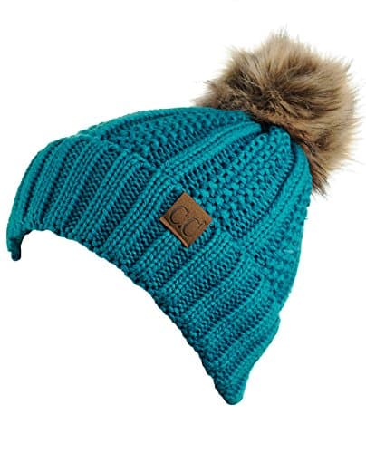 C.C Thick Cable Knit Faux Fuzzy Fur Pom Fleece Lined Skull Cap Cuff Beanie, Teal — view 2