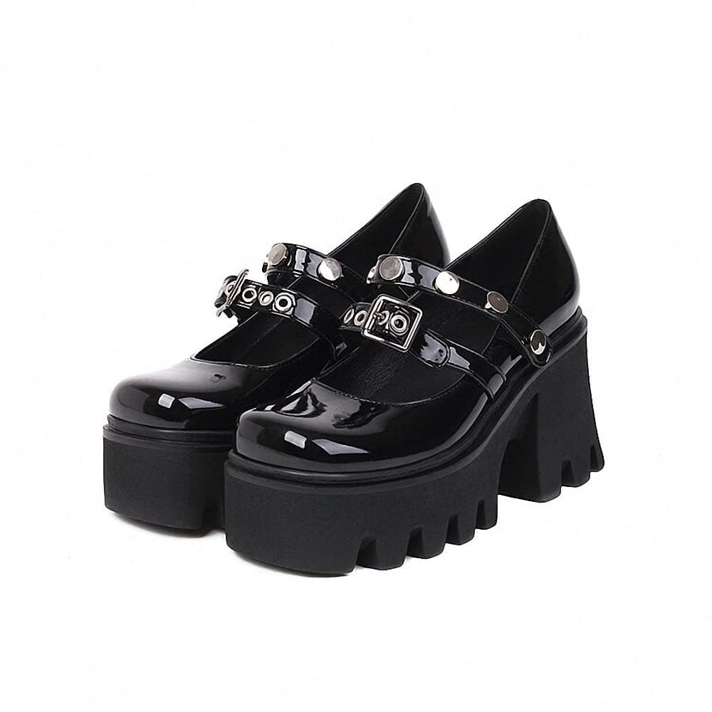 Womens Platform Mary Janes Shoes Sweet Toe Ankle Lolita Gothic Pumps Chunky Patent Leather — view 58