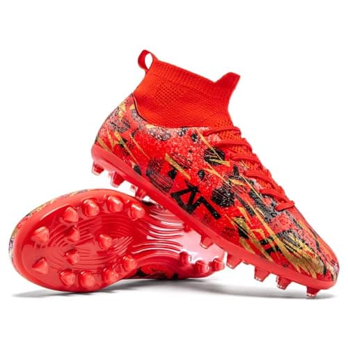 PMKZSES High-Top Soccer Cleats for Outdoor Training Matches Football Shoes Red — view 2