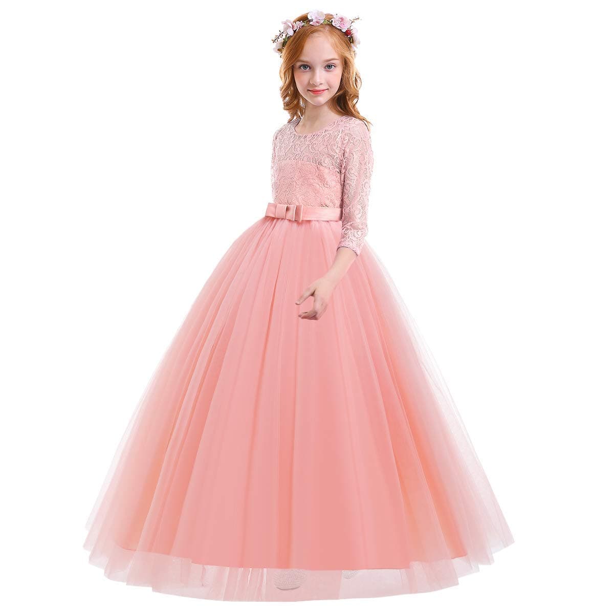 IWEMEK Flower Girls 3/4 Sleeve Floral Lace Tulle First Communion Pageant Dresses Kids Big Girls Princess Birthday Carnival Christmas Bridesmaid Wedding Party Prom Ball Gown 2-14 Years — view 2