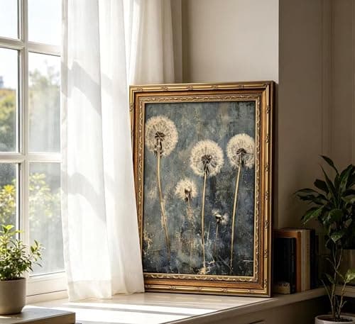 Vintage Gold Framed Dandelion Wall Art Moody Cottagecore Dandelion Painting Canvas Print Gothic Dark Plant Print Poster Wall Decor Retro Moody Plant Floral Poster Artwork for Bedroom Living room — view 8