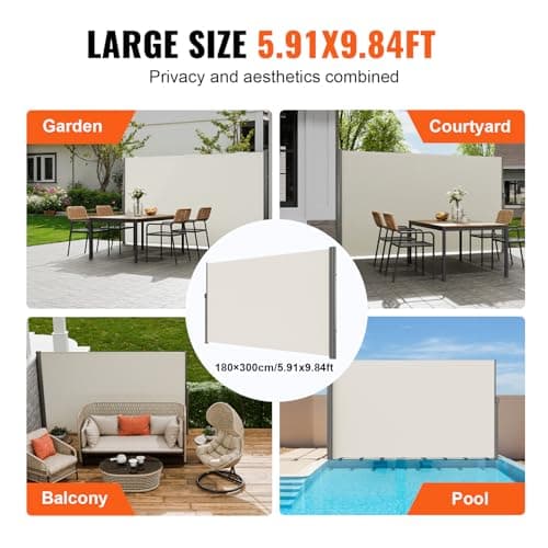 VEVOR Retractable Side Awning, UV 50 71''x118'' Rugged Full Aluminum Rust-Proof, Patio Sunshine Screen, 280 g Thicken Privacy Divider Wind Screen, Suitable for Yard, Roof Terraces and Pools, Beige — view 5