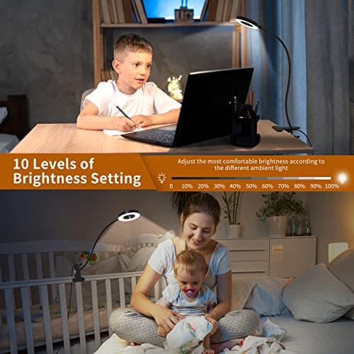iZELL Desk Lamp, LED Reading Light with Clamp, 3 Color Modes & 10 Brightness Silicone Flexible Arm Book Light for Kids Reading Book in Bed at Night Clip on Table, Zoom Meetings - 15.8'' Black — view 2