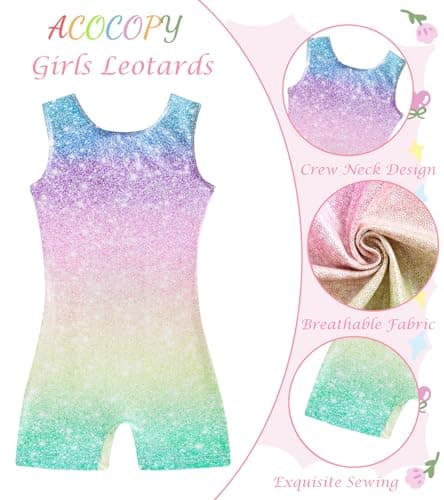 ACOCOPY Girls Leotard for Gymnastics Shining Rainbow Ballet Dance Acro Bodysuits Stretchy Gradient Biketard Outfits 6-7 Years — view 2