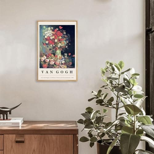 Framed Canvas Print Wall Art Van Gogh Vase with Poppies Cornflowers Peonies & Chrysanthemums Painting Reproduction Ready To Hang Living Room Bedroom Kitchen Office Home Decor 16"x 24" Natural Framed — view 2