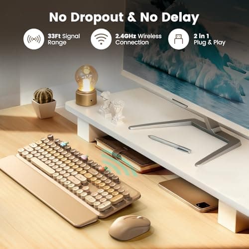 Wireless Keyboard and Mouse Combo, Full-Size Retro Typewriter Keyboard with Round Keycaps, Magnetic Wrist Rest & Tilt Legs, 2.4GHz Cordless for Mac/Windows PC/Laptop, SABLUTE CK23, Latte Gradient — view 8