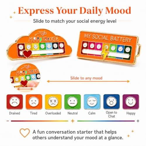 6PCS Social Battery Pin, My Social Battery Pin with 7 Mood Sliding Indicator, Funny Enamel Pins for Introverts, Cute Brooch Badges for Bag Backpacks Hat Jackets Gifts (A) — view 3