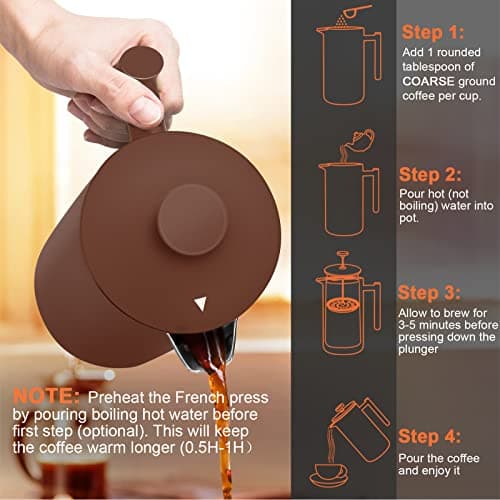 Secura French Press Coffee Maker, 304 Grade Stainless Steel Insulated Coffee Press with 2 Extra Screens, 34oz (1 Litre), Coffee — view 6