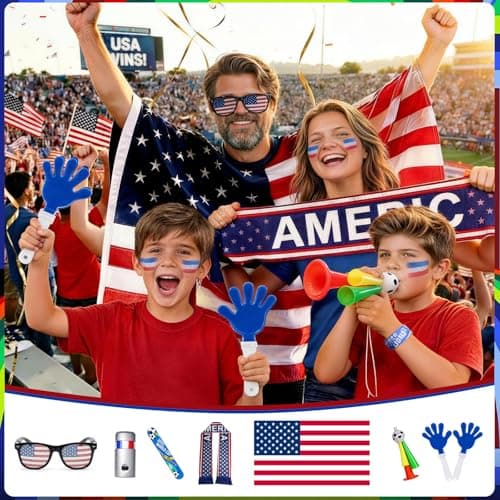 Soccer Fan Gear Set for 2026 World Tournament, Soccer Party Favors Kit with Flag,Scarf, Face Paint, Clapper, Horn&Glasses,Supporter Accessories for Game Day, Sports Event, Gift (Blue-USA)