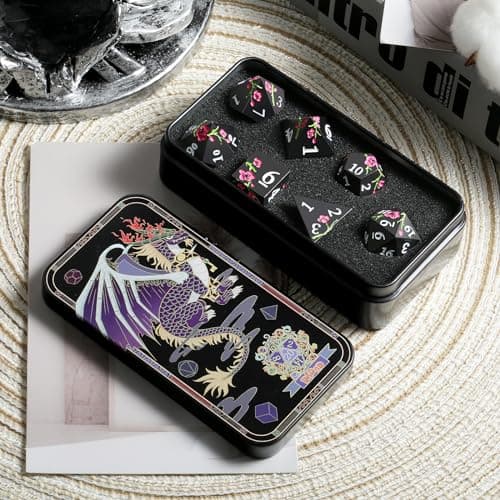 Silver Metal DND Dice Set, 7PCS D&D Metal Dice with Metal Case for Dungeons and Dragons, Shadowrun, Pathfinder, Savage World and Table Games (Matte Black with Pink Flower) — view 2